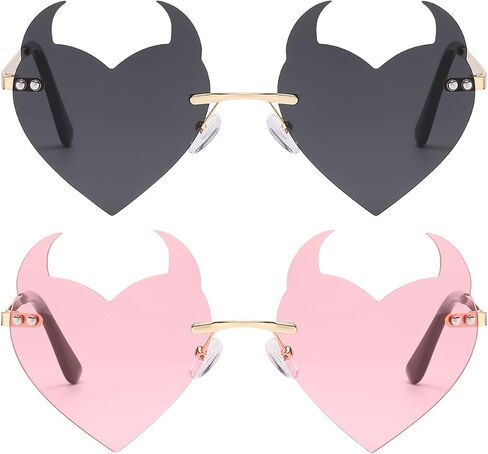 BOJOD Goth Horns Heart Sunglasses for Women Rimless 90s Punk Heart Glasses Trendy colored Sunglasses for Party Festival in Saudi Arabia