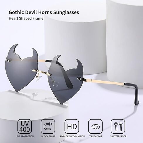 BOJOD Goth Horns Heart Sunglasses for Women Rimless 90s Punk Heart Glasses Trendy colored Sunglasses for Party Festival in Saudi Arabia