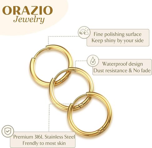 ORAZIO Hypoallergenic Hoop Earrings for Women 316L Stainless Steel Small Hoop Earrings 18G Womens Earrings Hoops Silver Gold Black Huggie Earrings Lightweight Cartilage Earring Thick Hoop Earrings Set 6-12MM in Kuwait