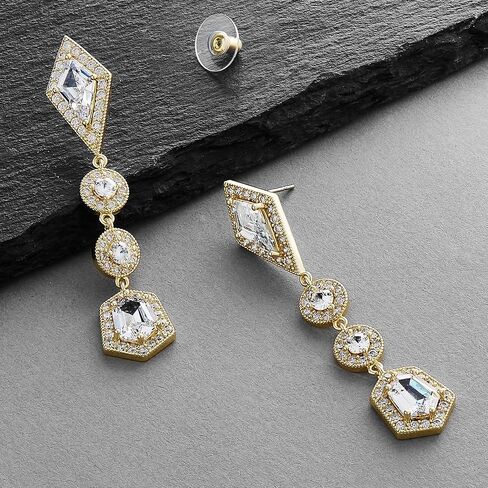 Mariell Gold Art Deco Cut Cubic Zirconia Bridal and Wedding Earrings - 1920's Vintage Style Gold Earrings for Brides, Prom, Homecoming and Mother of the Bride in Kuwait