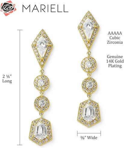 Mariell Gold Art Deco Cut Cubic Zirconia Bridal and Wedding Earrings - 1920's Vintage Style Gold Earrings for Brides, Prom, Homecoming and Mother of the Bride in Kuwait