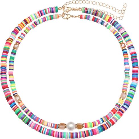 Heishi Surfer Choker Lightweight Rainbow African Vinyl Disc Beads Pearl Layered Necklace Boho Summer Beach Surf Jewelry For Women Girls in Kuwait
