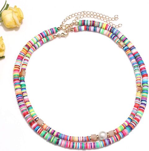 Heishi Surfer Choker Lightweight Rainbow African Vinyl Disc Beads Pearl Layered Necklace Boho Summer Beach Surf Jewelry For Women Girls in Kuwait
