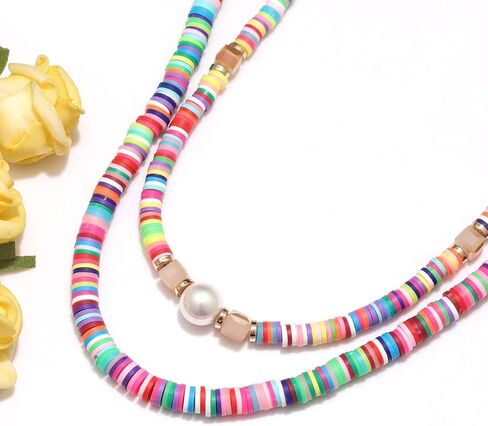 Heishi Surfer Choker Lightweight Rainbow African Vinyl Disc Beads Pearl Layered Necklace Boho Summer Beach Surf Jewelry For Women Girls in Kuwait