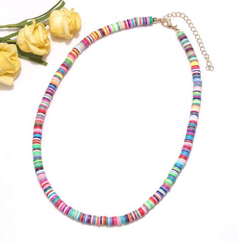 Heishi Surfer Choker Lightweight Rainbow African Vinyl Disc Beads Pearl Layered Necklace Boho Summer Beach Surf Jewelry For Women Girls in Kuwait