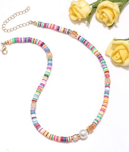 Heishi Surfer Choker Lightweight Rainbow African Vinyl Disc Beads Pearl Layered Necklace Boho Summer Beach Surf Jewelry For Women Girls in Kuwait