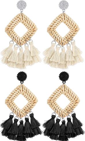 2 Pairs Rattan Tassel Earrings Bohemian Statement Woven Dangle Fringe Earrings Ethnic Tassel Drop Earrings Vintage Jewelry for Women Girls (Black and White) in Saudi Arabia