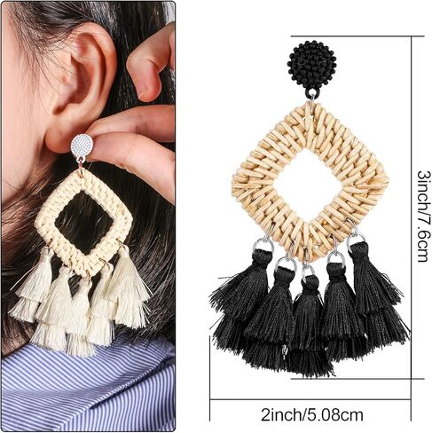 2 Pairs Rattan Tassel Earrings Bohemian Statement Woven Dangle Fringe Earrings Ethnic Tassel Drop Earrings Vintage Jewelry for Women Girls (Black and White) in Saudi Arabia