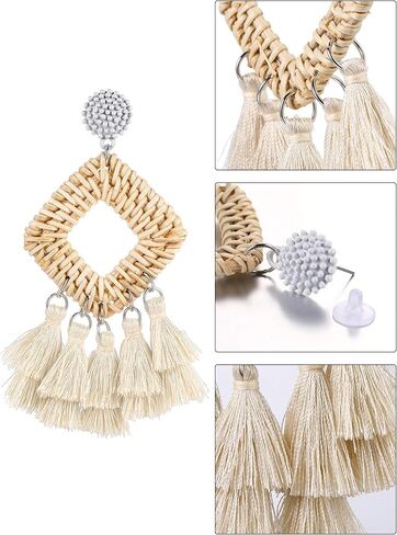 2 Pairs Rattan Tassel Earrings Bohemian Statement Woven Dangle Fringe Earrings Ethnic Tassel Drop Earrings Vintage Jewelry for Women Girls (Black and White) in Saudi Arabia