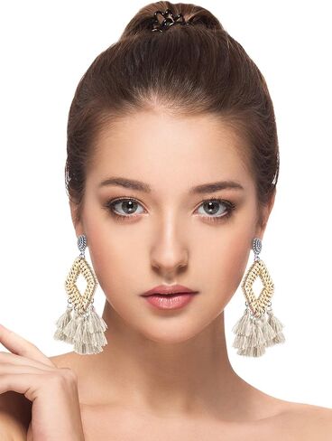 2 Pairs Rattan Tassel Earrings Bohemian Statement Woven Dangle Fringe Earrings Ethnic Tassel Drop Earrings Vintage Jewelry for Women Girls (Black and White) in Saudi Arabia