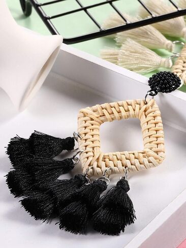 2 Pairs Rattan Tassel Earrings Bohemian Statement Woven Dangle Fringe Earrings Ethnic Tassel Drop Earrings Vintage Jewelry for Women Girls (Black and White) in Saudi Arabia