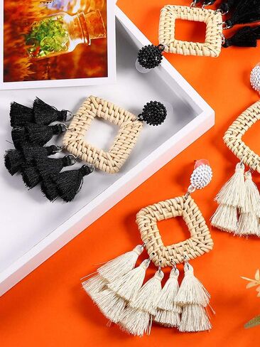 2 Pairs Rattan Tassel Earrings Bohemian Statement Woven Dangle Fringe Earrings Ethnic Tassel Drop Earrings Vintage Jewelry for Women Girls (Black and White) in Saudi Arabia