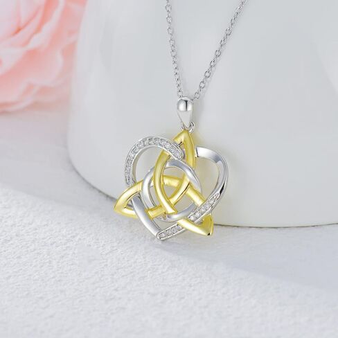 Natural Diamond Heart Necklace for Women,14K Yellow Gold Plated 925 Sterling Silver Irish Trinity Knot Celtic Pendant Necklace Fine Jewelry Anniversary Birthday Gifts for Mom Girls Wife 18"+2" in Saudi Arabia