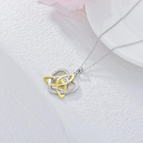 Natural Diamond Heart Necklace for Women,14K Yellow Gold Plated 925 Sterling Silver Irish Trinity Knot Celtic Pendant Necklace Fine Jewelry Anniversary Birthday Gifts for Mom Girls Wife 18"+2" in Saudi Arabia