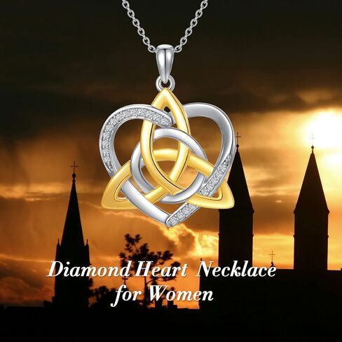 Natural Diamond Heart Necklace for Women,14K Yellow Gold Plated 925 Sterling Silver Irish Trinity Knot Celtic Pendant Necklace Fine Jewelry Anniversary Birthday Gifts for Mom Girls Wife 18"+2" in Saudi Arabia