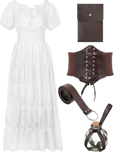 Crowye Women Renaissance Costume Includes Medieval Chemise Long Dress Leather Belt Corset Waist Belts Pouch Potion Bottle (Large) in Saudi Arabia
