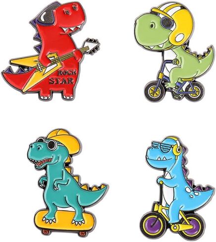 مجموعة بروش من سلسلة الديناصورات الكرتونية ولوح التزلج والدراجة والجيتار على شكل ديناصور، شارة من سلسلة حيوانات لطيفة للقبعات والجاكيت والقمصان والتنورة والشنط القماشية، معدن، بدون احجار كريمة، 4 قطع in Kuwait