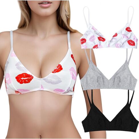 Women's Motive Cotton Unlined Bralette Soft Seamless Bras for Women(D330BM-Black+Gray+KISS-S) in Saudi Arabia