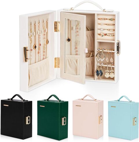 Enthralite Travel Jewelry Case|Travel Must Have|Portable Jewelry Box with Mirror|PU Leather Small Jewelry Organizer for Rings, Earrings, Necklaces, Bracelets (White) in Kuwait