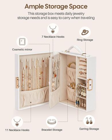 Enthralite Travel Jewelry Case|Travel Must Have|Portable Jewelry Box with Mirror|PU Leather Small Jewelry Organizer for Rings, Earrings, Necklaces, Bracelets (White) in Kuwait