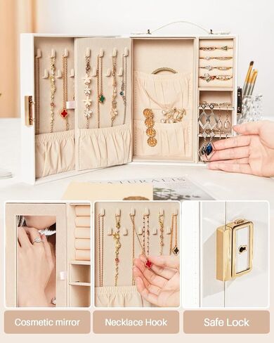 Enthralite Travel Jewelry Case|Travel Must Have|Portable Jewelry Box with Mirror|PU Leather Small Jewelry Organizer for Rings, Earrings, Necklaces, Bracelets (White) in Kuwait