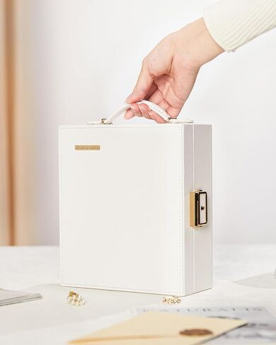 Enthralite Travel Jewelry Case|Travel Must Have|Portable Jewelry Box with Mirror|PU Leather Small Jewelry Organizer for Rings, Earrings, Necklaces, Bracelets (White) in Kuwait