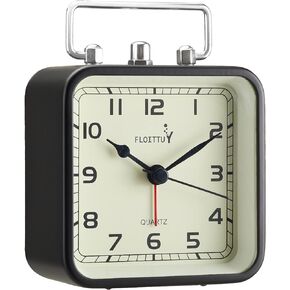 Square Metal Beep Alarm Clock Silent No Ticking, Snooze and Battery Operated, Night Light and Desk Clock for Bedroom/Travel/Kids, Easy Set(Black)
