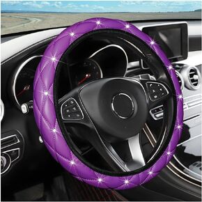 Diamond Soft Leather Steering Wheel Cover, 15 Inch Bling Elastic Steering Wheel Protector with Sparkly Crystal Rhinestones, Auto Accessories Universal for SUV, Truck, Van, Car (Black)