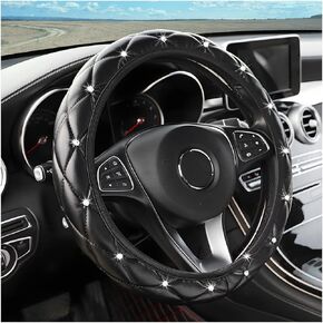 Diamond Soft Leather Steering Wheel Cover, 15 Inch Bling Elastic Steering Wheel Protector with Sparkly Crystal Rhinestones, Auto Accessories Universal for SUV, Truck, Van, Car (Black) in Kuwait