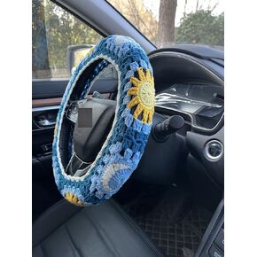 Handmade Crochet Sun and Moon Car Steering Wheel Covers Universal 14-15 inch for Women and Men (Steering Wheel Cover+2 Belt Cover)
