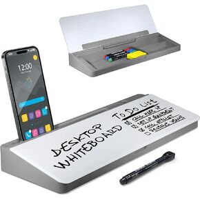 Desktop Whiteboard - Glass Dry Erase White Board - Desk Computer Buddy – Home Office & Studying Essentials - with Phone & Tablet Slot, Storage Compartment - Includes 4 Markers, 1 Eraser (2 Pack)