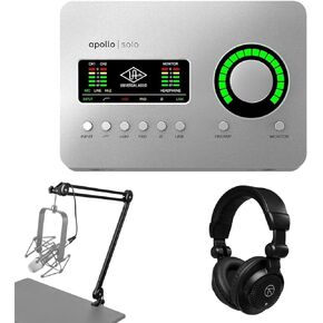 Universal Audio Apollo Solo Heritage Edition Desktop 2x4 Thunderbolt 3 Audio Interface + Broadcast Arm with Internal Springs and Integrated 10' XLR Cable + Closed-Back Studio Monitor Headphones