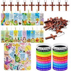 160 Pcs Christian Party Favors Include 100 Christian Stickers, 20 Silicone Wristbands, 20 Bible Verse Christian Bookmarks, 20 Keychain Bulk for Religious Gift (Cross Style)