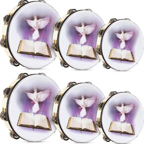 Boao 6 Pack 6 8 10 in Dove Bible Double Row Jingle Tambourine for Adults Tambourine Hand Bell Double Row Jingles Music Percussion Church Percussion Musical Instrument Handbell Clap Drum (Black)