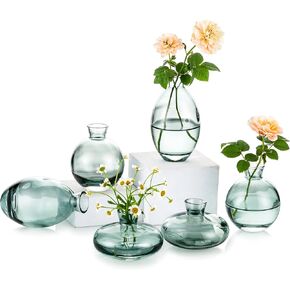 Glasseam Clear Glass Bud Vase, 3Pcs/Set Modern Decorative Small Mini Flowers Vases Short Minimalist Aesthetic Home Decor Vintage Cute Handmade Tiny Wedding Table Centerpieces for Single Flower Rose