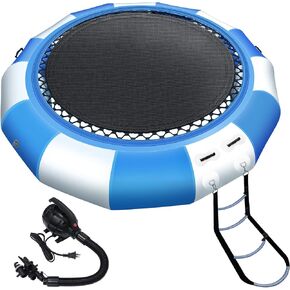 Inflatable Water Trampoline, 10FT/12FT Recreational Water Bouncer with Electric Pump, Rope Ladder, Portable Bounce Swim Platform for Lakes, Pools, Calm Sea
