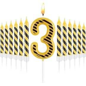 13 Pcs Construction Themed Birthday Candles Set, 12 Yellow and Black Striped Candle and 1 Number Candle Cake Topper for Construction Party Decoration Baby Shower Party Supplies (Number 3)