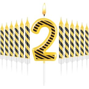 13 Pcs Construction Themed Birthday Candles Set, 12 Yellow and Black Striped Candle and 1 Number Candle Cake Topper for Construction Party Decoration Baby Shower Party Supplies (Number 3)