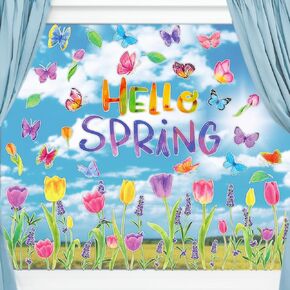 Hello Spring Colorful Butterfly Window Clings Spring Flower Butterfly Window Stickers Anti-Collision Window Clings Decals for Window Glass Spring Party Decorations for Home Birthday Supplies