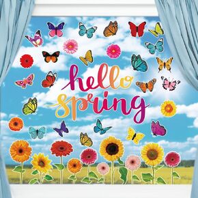 Hello Spring Colorful Butterfly Window Clings Spring Flower Butterfly Window Stickers Anti-Collision Window Clings Decals for Window Glass Spring Party Decorations for Home Birthday Supplies
