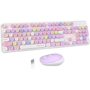 UBOTIE Colorful Computer Wireless Keyboards Mouse Combos, Typewriter Flexible Keys Office Full-Sized Keyboard, 2.4GHz Dropout-Free Connection and Optical Mouse (White-Colorful)