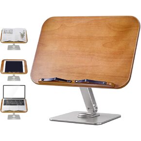 Book Stand Holder for Reading, Adjustable Cookbook Holder with 360° Swivel Base and Page Clips, Foldable Desktop Ricer for Music Scores, Recipe, Laptop, Textbook, 15.4＂x 10.4＂Solid Wood Board in Kuwait