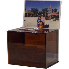 FixtureDisplays® 6.1" x 8.9" x 4.4" Acrylic Ballot Box with Lock, 6 x 4 Sign Holder - Amber 19215