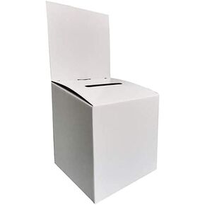 10 Pack 6x6x6 inch Cardboard Ballot Box, White Glossy for Suggestion Raffle Donation Collection, with Slot & Removable Header, Includes 12 Blank Labels (S666)