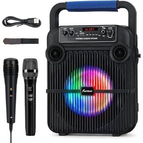 آلة كاريوكي Asmuse مع 2 ميكروفونات، آلة كاريوكي محمولة للبالغين مع أضواء LED، مكبر صوت بلوتوث محمول للحفلات/المنزل/الهدايا، تدعم بطاقة TF، USB، AUX in، FM، REC in Kuwait