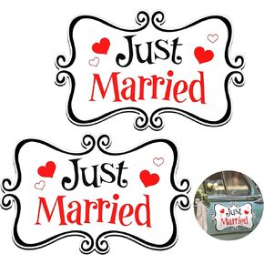 2 Pcs Large Just Married Car Decorations Just Married Car Magnets Sign Decoration 13.9 x 8.8 Inch Honeymoon Rear Tailgate Car Magnet Stickers for Wedding Car Door Panel Refrigerator(Black and Red)