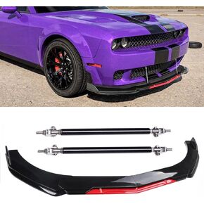 Front Bumper Lip Splitter Spoiler + Strut Rods Bright Glossy Black+Red Polyurethane Fit for Do-dge Challenger SRT SXT RT (All Glossy Black)