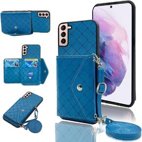 Compatible with Samsung Galaxy S24 5G Wallet Case with Crossbody Shoulder Strap and Stand Leather Credit Card Holder Cell Accessories Lanyard Phone Cover for S 24 24S GS24 G5 Blue