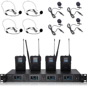 Wireless Lapel Microphone System 4 Lavalier Mic with UHF 4 Channel 4 Bodypack 4 Headset Mics for Karaoke Church Speaking Conference Meeting Party