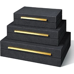 Set of 3 Faux Leather Decorative Storage Boxes with Lids - Jewelry and Accessory Organizer for Women and Men, Countertop Home Decor (Black)